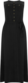 Woven Yoke Shirt Dress - style: shirt; fit: fitted at waist; pattern: plain; sleeve style: sleeveless; length: ankle length; waist detail: belted waist/tie at waist/drawstring; bust detail: buttons at bust (in middle at breastbone)/zip detail at bust; predominant colour: black; occasions: casual; fibres: viscose/rayon - stretch; neckline: crew; hip detail: soft pleats at hip/draping at hip/flared at hip; sleeve length: sleeveless; texture group: sheer fabrics/chiffon/organza etc.; pattern type: fabric