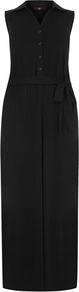 Black Button Maxi Shirt Dress - neckline: shirt collar/peter pan/zip with opening; pattern: plain; sleeve style: sleeveless; style: maxi dress; length: ankle length; waist detail: belted waist/tie at waist/drawstring; bust detail: buttons at bust (in middle at breastbone)/zip detail at bust; predominant colour: black; occasions: casual; fit: body skimming; fibres: polyester/polyamide - stretch; sleeve length: sleeveless; texture group: sheer fabrics/chiffon/organza etc.; pattern type: fabric