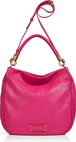 Fuchsia Leather Hobo Bag - predominant colour: hot pink; occasions: casual, work; style: shoulder; length: shoulder (tucks under arm); size: standard; material: leather; pattern: plain; finish: plain