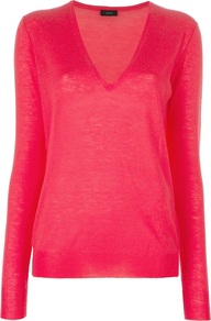 V Neck Jumper - neckline: low v-neck; pattern: plain; style: standard; predominant colour: coral; occasions: casual, work; length: standard; fit: standard fit; fibres: cashmere - 100%; sleeve length: long sleeve; sleeve style: standard; texture group: knits/crochet; pattern type: knitted - fine stitch; pattern size: standard