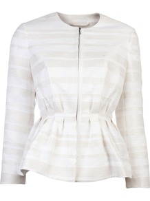 Zip Front Jacket - pattern: horizontal stripes; style: single breasted blazer; collar: round collar/collarless; predominant colour: ivory; occasions: evening, work, occasion; length: standard; fit: tailored/fitted; fibres: cotton - mix; waist detail: fitted waist; sleeve length: long sleeve; sleeve style: standard; texture group: structured shiny - satin/tafetta/silk etc.; collar break: high/illusion of break when open; pattern type: fabric; pattern size: small & light