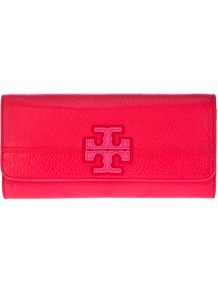 Logo Clutch - predominant colour: hot pink; occasions: evening, occasion; type of pattern: light; style: clutch; length: hand carry; size: small; material: leather; embellishment: applique; pattern: plain; finish: plain