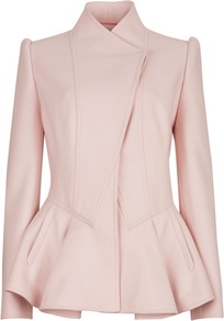 Ted Baker Wrenn Wool Peplum Jacket - pattern: plain; style: single breasted blazer; length: below the bottom; collar: high neck; predominant colour: blush; occasions: casual, evening, work, occasion; fit: tailored/fitted; fibres: wool - mix; waist detail: peplum detail at waist; shoulder detail: structured/bulky pleats/bulky detail at shoulder; sleeve length: long sleeve; sleeve style: standard; trends: volume; hip detail: ruffles/tiers/tie detail at hip; collar break: high; pattern type: fabric; pattern size: standard; texture group: woven bulky/heavy