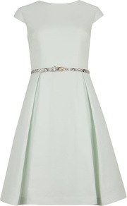 Ted Baker Ladi Full Skirt Belted Dress - neckline: round neck; sleeve style: capped; pattern: plain; style: full skirt; back detail: low cut/open back; waist detail: belted waist/tie at waist/drawstring; predominant colour: pistachio; occasions: evening, occasion; length: just above the knee; fit: fitted at waist & bust; fibres: polyester/polyamide - 100%; hip detail: structured pleats at hip; sleeve length: short sleeve; trends: volume; pattern type: fabric; texture group: woven light midweight
