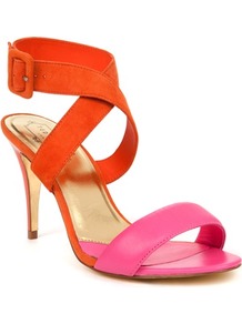 Ted Baker Jolea Buckle Heeled Sandal - predominant colour: bright orange; occasions: evening, work, occasion, holiday; material: leather; heel height: high; embellishment: buckles; ankle detail: ankle strap; heel: stiletto; toe: open toe/peeptoe; style: strappy; trends: fluorescent; finish: plain; pattern: colourblock
