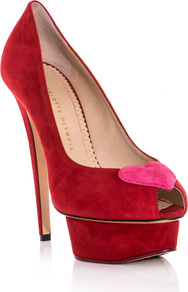 Delphine Heart Front Shoes - predominant colour: true red; occasions: evening, occasion; material: suede; heel height: high; heel: platform; toe: open toe/peeptoe; style: courts; finish: plain; pattern: plain; embellishment: applique
