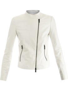 Collarless Moto Leather Jacket - pattern: plain; style: biker; collar: asymmetric biker; fit: slim fit; predominant colour: white; occasions: casual, evening, work; length: standard; fibres: leather - 100%; sleeve length: long sleeve; sleeve style: standard; texture group: leather; collar break: high; pattern type: fabric; pattern size: standard