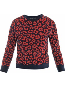 Lita Cheetah Sweater - style: standard; predominant colour: true red; occasions: casual, work; length: standard; fibres: cotton - mix; fit: standard fit; neckline: crew; sleeve length: 3/4 length; sleeve style: standard; texture group: knits/crochet; pattern type: knitted - fine stitch; pattern size: small & busy; pattern: animal print