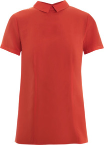 Bowery Collar Top - pattern: plain; style: blouse; predominant colour: bright orange; occasions: casual, evening, work; length: standard; fibres: silk - 100%; fit: body skimming; neckline: no opening/shirt collar/peter pan; back detail: embellishment at back; sleeve length: short sleeve; sleeve style: standard; texture group: crepes; pattern type: fabric