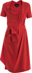 Daisy Drape Dress - neckline: cowl/draped neck; fit: fitted at waist; pattern: plain; waist detail: belted waist/tie at waist/drawstring; bust detail: ruching/gathering/draping/layers/pintuck pleats at bust; predominant colour: true red; secondary colour: true red; occasions: evening, occasion; length: just above the knee; style: asymmetric (hem); fibres: viscose/rayon - 100%; hip detail: soft pleats at hip/draping at hip/flared at hip; sleeve length: short sleeve; sleeve style: standard; pattern type: fabric; texture group: jersey - stretchy/drapey