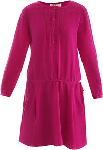 Tie Waist Silk Dress - style: shift; pattern: plain; waist detail: belted waist/tie at waist/drawstring; bust detail: buttons at bust (in middle at breastbone)/zip detail at bust; predominant colour: hot pink; occasions: casual, evening; length: just above the knee; fit: straight cut; fibres: silk - 100%; neckline: crew; sleeve length: long sleeve; sleeve style: standard; texture group: cotton feel fabrics; pattern type: fabric