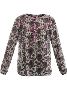 Love Bird Print Shirt - predominant colour: charcoal; occasions: casual, work; length: standard; style: top; fibres: silk - 100%; fit: straight cut; neckline: crew; sleeve length: long sleeve; sleeve style: standard; texture group: sheer fabrics/chiffon/organza etc.; pattern type: fabric; pattern size: standard; pattern: patterned/print