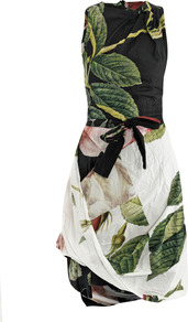 Rose Puzzle Print Dress - sleeve style: sleeveless; neckline: high neck; waist detail: belted waist/tie at waist/drawstring; secondary colour: ivory; predominant colour: black; occasions: casual; length: just above the knee; fit: fitted at waist & bust; style: asymmetric (hem); fibres: cotton - 100%; hip detail: ruching/gathering at hip; sleeve length: sleeveless; texture group: cotton feel fabrics; pattern type: fabric; pattern size: big & busy; pattern: florals