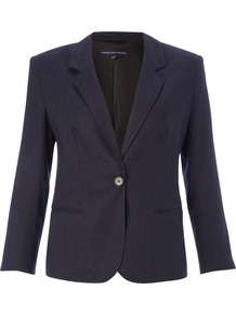 Mandy Linen Blazer - pattern: plain; style: single breasted blazer; collar: standard lapel/rever collar; predominant colour: navy; occasions: casual, work, occasion; length: standard; fit: tailored/fitted; back detail: back vent/flap at back; sleeve length: 3/4 length; sleeve style: standard; texture group: linen; collar break: low/open; pattern type: fabric; fibres: linen - stretch