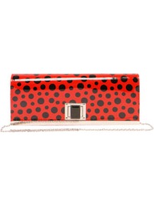 Rachel Polka Dot Clutch Bag - predominant colour: true red; occasions: evening, occasion; type of pattern: standard; style: clutch; length: hand carry; size: small; material: faux leather; pattern: polka dot; finish: patent; embellishment: chain/metal