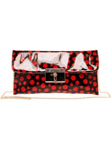 Rosanna Polka Dot Key Lock Clutch Bag - predominant colour: black; occasions: evening, occasion, holiday; type of pattern: heavy; style: clutch; length: hand carry; size: standard; material: faux leather; pattern: polka dot; finish: patent; embellishment: chain/metal
