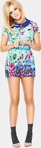 Printed Playsuit, Blue - fit: tailored/fitted; waist detail: belted waist/tie at waist/drawstring; length: short shorts; predominant colour: turquoise; occasions: casual, evening, holiday; fibres: polyester/polyamide - stretch; neckline: no opening/shirt collar/peter pan; sleeve length: short sleeve; sleeve style: standard; texture group: crepes; style: playsuit; pattern type: fabric; pattern size: big & busy; pattern: florals