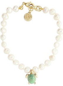 Turtle Pearl Friendship Bracelet, Gold - predominant colour: ivory; secondary colour: pistachio; occasions: casual, work, holiday; style: friendship bracelet; size: small; material: chain/metal; finish: plain; embellishment: pearls