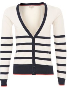 Navy Stripe V Neck Cardigan - neckline: plunge; pattern: horizontal stripes; predominant colour: navy; occasions: casual, work; length: standard; style: standard; fibres: acrylic - 100%; fit: slim fit; sleeve length: long sleeve; sleeve style: standard; texture group: knits/crochet; pattern type: knitted - fine stitch; pattern size: standard