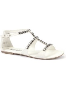 White Embellished Trim Sandals - predominant colour: white; occasions: casual, holiday; material: faux leather; heel height: flat; ankle detail: ankle strap; heel: standard; toe: open toe/peeptoe; style: strappy; finish: plain; pattern: plain; embellishment: chain/metal