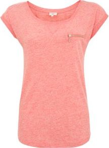 Coral Zip Pocket T Shirt - sleeve style: capped; pattern: plain; bust detail: added detail/embellishment at bust; style: t-shirt; predominant colour: pink; occasions: casual; length: standard; neckline: scoop; fibres: cotton - 100%; fit: body skimming; back detail: longer hem at back than at front; sleeve length: short sleeve; texture group: cotton feel fabrics; pattern type: fabric; pattern size: standard