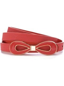 Coral Enamel Bow Skinny Waist Belt - predominant colour: coral; occasions: casual, work, occasion; style: plaque; size: skinny; worn on: waist; material: faux leather; pattern: plain; finish: plain; embellishment: bow