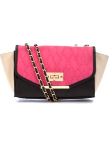 Black And Pink Winged Snake Print Chain Strap Bag - predominant colour: hot pink; occasions: casual, evening, occasion; type of pattern: standard; style: shoulder; length: across body/long; size: small; material: faux leather; finish: plain; pattern: colourblock; embellishment: chain/metal
