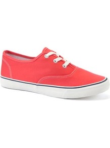Coral Lace Up Trainers - predominant colour: coral; occasions: casual; material: fabric; heel height: flat; toe: round toe; style: trainers; finish: plain; pattern: plain