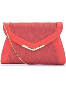 Coral Colour Block Clutch - predominant colour: coral; occasions: evening, occasion; type of pattern: light; style: clutch; length: hand carry; size: small; material: faux leather; pattern: animal print; finish: plain