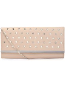Cream And Silver Studded Metal Trim Clutch - predominant colour: ivory; occasions: evening, occasion; type of pattern: standard; style: clutch; length: hand carry; size: small; material: faux leather; embellishment: studs; pattern: plain; finish: plain