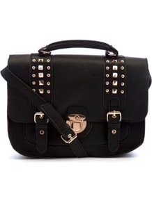 Black Stud Strap Satchel - predominant colour: black; occasions: casual, work; type of pattern: standard; style: satchel; length: across body/long; size: standard; material: faux leather; embellishment: studs; pattern: plain; finish: plain