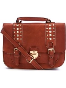 Orange Stud Strap Satchel - predominant colour: terracotta; occasions: casual, work; type of pattern: standard; style: satchel; length: across body/long; size: standard; material: faux leather; embellishment: studs; pattern: plain; finish: plain