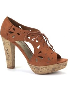 Tan Laser Cut Cork Sandal Heels - predominant colour: tan; occasions: casual, evening, holiday; material: fabric; heel: platform; toe: open toe/peeptoe; boot length: shoe boot; style: standard; finish: plain; pattern: plain; heel height: very high