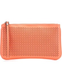 Neon Coral Cut Out Clutch - predominant colour: coral; occasions: casual, evening, occasion; type of pattern: standard; style: clutch; length: hand carry; size: small; material: faux leather; pattern: plain; finish: plain