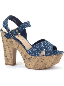 Blue Floral Denim Print Cork Sandals - predominant colour: royal blue; occasions: casual, holiday; material: fabric; heel height: high; ankle detail: ankle strap; heel: platform; toe: open toe/peeptoe; style: strappy; finish: plain; pattern: florals