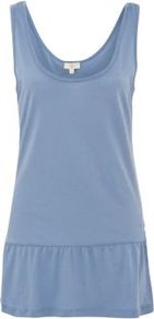 Blue Peplum Vest - sleeve style: standard vest straps/shoulder straps; pattern: plain; back detail: cowl/draping/scoop at back; length: below the bottom; style: vest top; waist detail: peplum waist detail; predominant colour: indigo; occasions: casual, holiday; neckline: scoop; fibres: cotton - 100%; fit: body skimming; sleeve length: sleeveless; texture group: cotton feel fabrics; pattern type: fabric; pattern size: standard