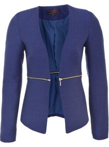 Dark Purple Zip Waist Boucle Peplum Jacket - pattern: plain; style: single breasted blazer; collar: shawl/waterfall; predominant colour: indigo; occasions: casual, evening, work, occasion; length: standard; fit: tailored/fitted; fibres: polyester/polyamide - mix; waist detail: fitted waist; sleeve length: long sleeve; sleeve style: standard; collar break: low/open; pattern type: fabric; texture group: woven light midweight
