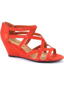 Wide Fit Orange Strappy Wedge Sandals - predominant colour: bright orange; occasions: casual, evening, holiday; material: fabric; heel height: mid; ankle detail: ankle strap; heel: wedge; toe: open toe/peeptoe; style: strappy; trends: fluorescent; finish: plain; pattern: plain