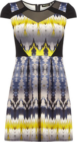 Aztec Prom Dress - length: mid thigh; neckline: round neck; sleeve style: capped; style: prom dress; waist detail: fitted waist; shoulder detail: contrast pattern/fabric at shoulder; back detail: contrast pattern/fabric at back; occasions: casual, evening, occasion; fit: fitted at waist & bust; fibres: polyester/polyamide - stretch; bust detail: contrast pattern/fabric/detail at bust; predominant colour: multicoloured; sleeve length: short sleeve; texture group: sheer fabrics/chiffon/organza etc.; trends: statement prints, modern geometrics; pattern type: fabric; pattern size: big & busy; pattern: patterned/print