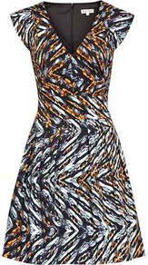 Amyline Sahara Print Fit And Flare Dress - length: mid thigh; neckline: v-neck; sleeve style: capped; waist detail: fitted waist; predominant colour: black; occasions: evening, occasion; fit: fitted at waist & bust; style: fit & flare; fibres: cotton - stretch; hip detail: structured pleats at hip; sleeve length: short sleeve; trends: statement prints, volume; pattern type: fabric; pattern size: standard; pattern: patterned/print; texture group: other - light to midweight