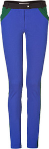 Electric Blue Multi Colorblock Skinny Pants - length: standard; waist: low rise; predominant colour: diva blue; secondary colour: emerald green; occasions: casual, evening; fibres: cotton - stretch; texture group: cotton feel fabrics; fit: skinny/tight leg; pattern type: fabric; pattern size: small & light; pattern: colourblock; style: standard