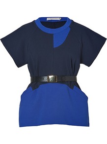 Navy Multi Belted A Line Patchwork Sweater Top - style: standard; predominant colour: navy; occasions: casual, evening, work; length: standard; fibres: cotton - 100%; fit: slim fit; neckline: crew; waist detail: belted waist/tie at waist/drawstring; sleeve length: short sleeve; sleeve style: standard; trends: volume; pattern type: fabric; pattern size: standard; pattern: colourblock; texture group: other - light to midweight