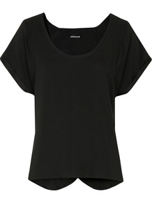 Florence St Black Top - pattern: plain; style: t-shirt; predominant colour: black; occasions: casual, evening, work, holiday; length: standard; neckline: scoop; fibres: silk - 100%; fit: straight cut; back detail: keyhole/peephole detail at back; sleeve length: short sleeve; sleeve style: standard; texture group: silky - light; pattern type: fabric; pattern size: standard