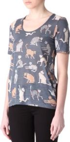Nekos Cat Print T Shirt - style: t-shirt; predominant colour: mid grey; occasions: casual, work, holiday; length: standard; neckline: scoop; fit: loose; sleeve length: short sleeve; sleeve style: standard; pattern type: fabric; pattern size: big & busy; pattern: patterned/print; texture group: jersey - stretchy/drapey; fibres: viscose/rayon - mix
