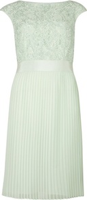Ted Baker Aliana Lace Dress - style: shift; neckline: slash/boat neckline; sleeve style: capped; fit: tailored/fitted; pattern: plain; back detail: low cut/open back; predominant colour: pistachio; occasions: evening, occasion; length: on the knee; fibres: viscose/rayon - stretch; hip detail: structured pleats at hip; waist detail: narrow waistband; bust detail: contrast pattern/fabric/detail at bust; sleeve length: short sleeve; texture group: lace; pattern type: fabric; pattern size: standard