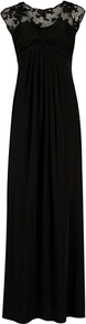 Ted Baker Amilla Lace Maxi Dress - style: empire line; neckline: round neck; sleeve style: capped; fit: empire; pattern: plain; waist detail: structured pleats at waist; back detail: contrast pattern/fabric at back; predominant colour: black; occasions: evening, occasion; length: floor length; fibres: polyester/polyamide - stretch; hip detail: soft pleats at hip/draping at hip/flared at hip; sleeve length: sleeveless; pattern type: fabric; pattern size: small & busy; texture group: jersey - stretchy/drapey; embellishment: lace