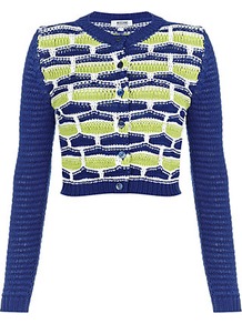 Chunky Knit Cropped Cardigan - neckline: round neck; length: cropped; predominant colour: royal blue; occasions: casual; style: standard; fibres: cotton - 100%; fit: slim fit; sleeve length: long sleeve; sleeve style: standard; texture group: knits/crochet; pattern type: knitted - other; pattern size: big & busy; pattern: patterned/print