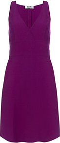 A Line Dress - style: faux wrap/wrap; length: mid thigh; neckline: low v-neck; pattern: plain; sleeve style: sleeveless; waist detail: fitted waist; predominant colour: purple; occasions: casual, evening; fit: fitted at waist & bust; fibres: polyester/polyamide - mix; hip detail: soft pleats at hip/draping at hip/flared at hip; sleeve length: sleeveless; pattern type: fabric; texture group: jersey - stretchy/drapey