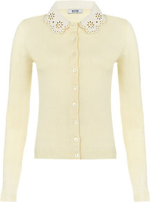 Leather Collar Cardigan - neckline: shirt collar/peter pan/zip with opening; pattern: plain; predominant colour: ivory; occasions: casual, evening, work; length: standard; style: standard; fibres: cotton - mix; fit: standard fit; sleeve length: long sleeve; sleeve style: standard; texture group: knits/crochet; pattern type: knitted - other; pattern size: small & light