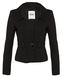 Brooch Detail Jacket - pattern: plain; style: single breasted blazer; collar: round collar/collarless; predominant colour: black; occasions: evening, work, occasion; length: standard; fit: tailored/fitted; fibres: cotton - mix; waist detail: belted waist/tie at waist/drawstring; sleeve length: long sleeve; sleeve style: standard; collar break: medium; pattern type: fabric; pattern size: standard; texture group: woven light midweight